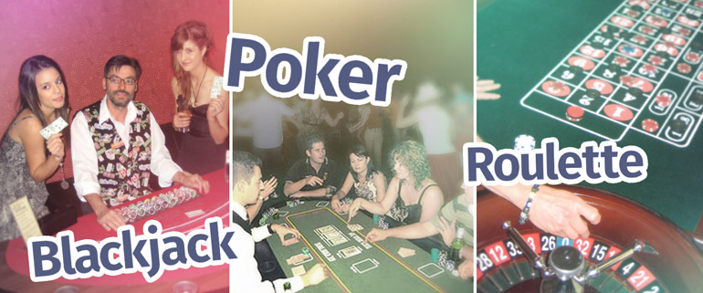 Our casino parties featuring blackjack, poker and roulette tables